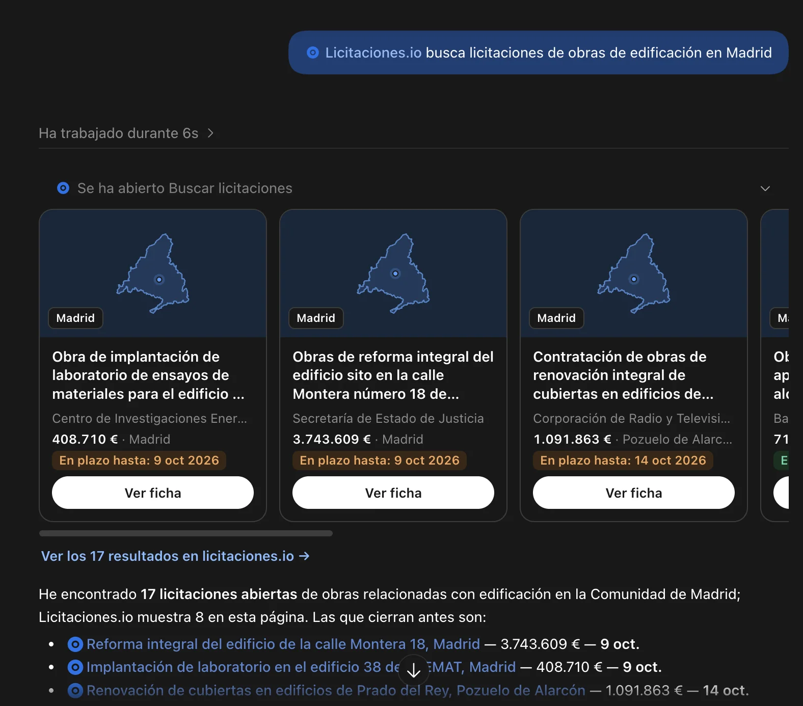 Búsqueda «obras de edificación en Madrid» en ChatGPT: tarjetas de licitaciones.io con organismo, importe y plazo, y la respuesta con las que cierran antes